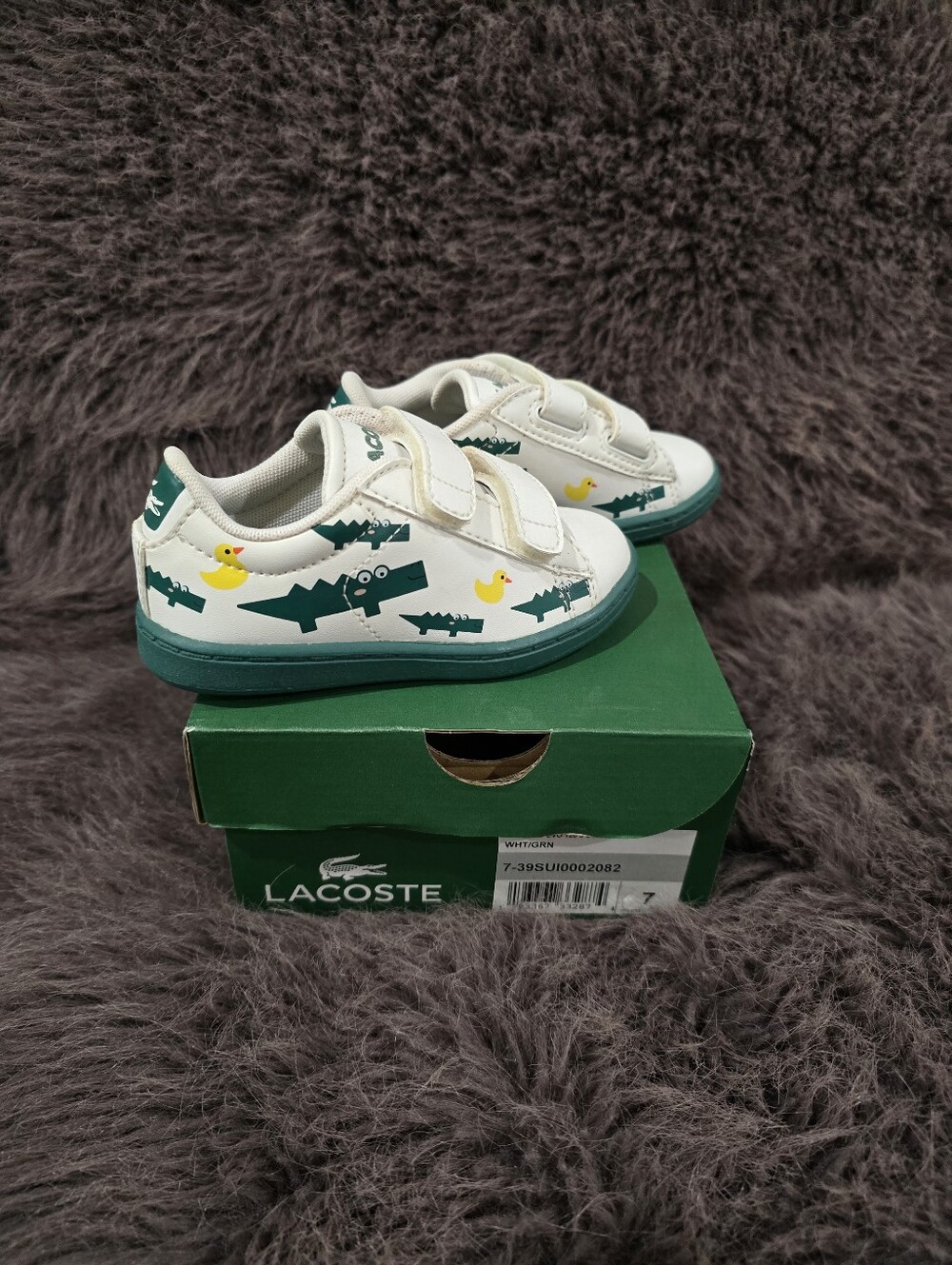 Lacoste Kids White & Green Croc Print Velcro Sneakers